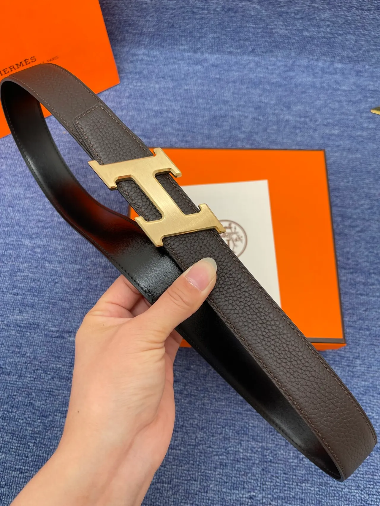 Hermès H Belt حزام جلد أسود حبيبي إبزيم ذهبي حزام جلد 12