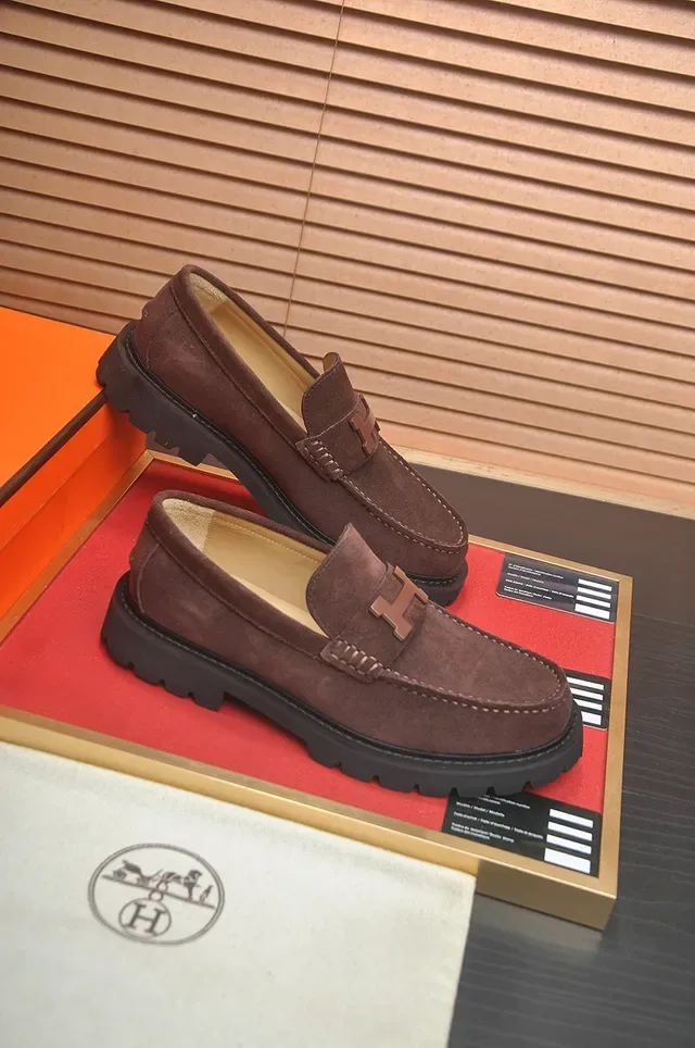 Hermès H-Buckle 棕黑麂皮乐福鞋 金属 4