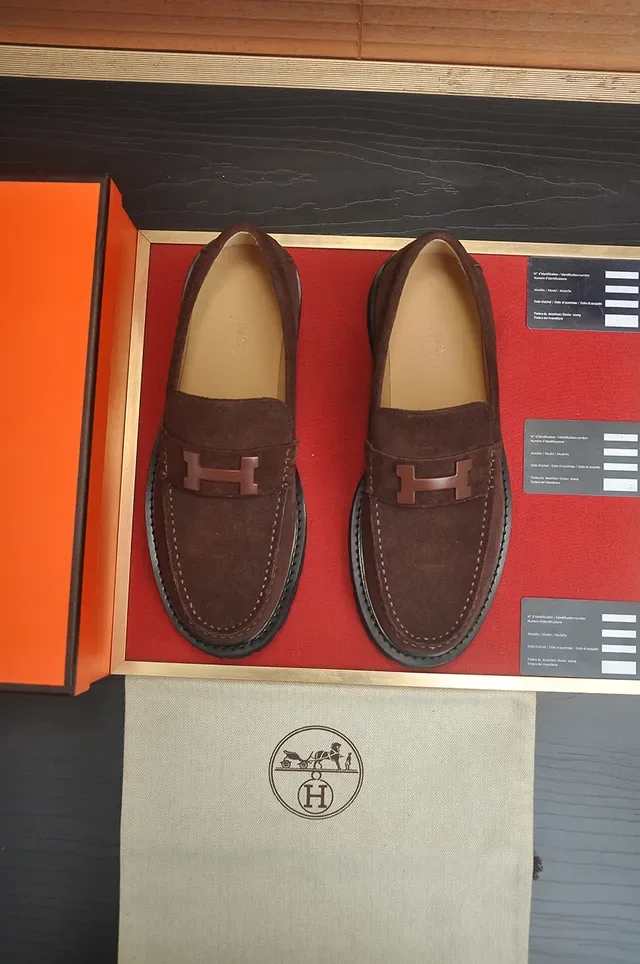 Hermès H-Buckle 棕黑麂皮乐福鞋 金属 5