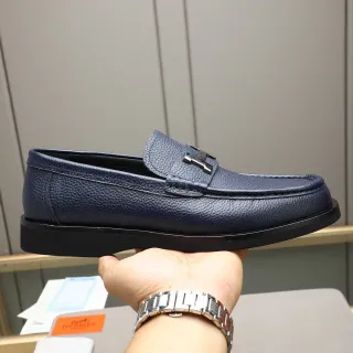 Hermès H-Logo حذاء لوفر أزرق بحري جلد مقشور