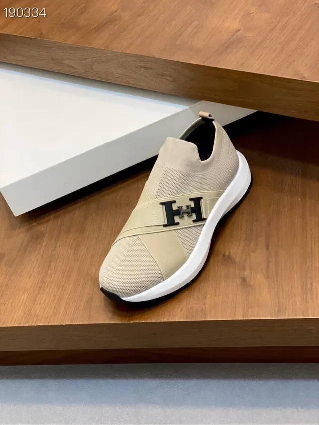 Hermès H Walk بيج أسود أحذية رياضية سهلة الارتداء نسيج مرن حزام متقاطع أسلوب حياة 5