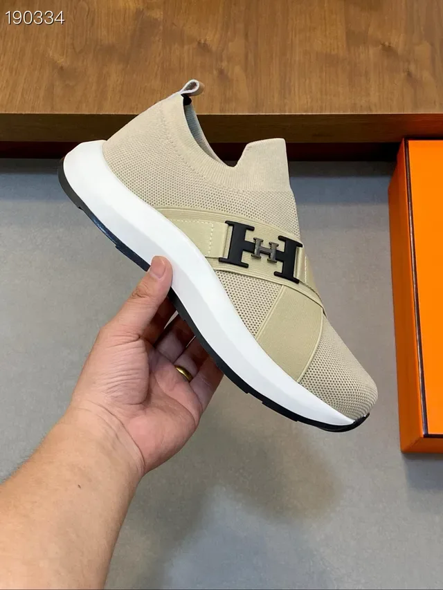 Hermès H Walk بيج أسود أحذية رياضية سهلة الارتداء نسيج مرن حزام متقاطع أسلوب حياة 6