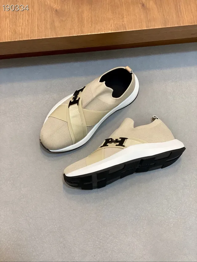 Hermès H Walk بيج أسود أحذية رياضية سهلة الارتداء نسيج مرن حزام متقاطع أسلوب حياة 7