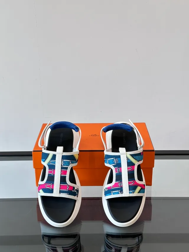 Hermès Multicolor Negro Ancha Multi-Cinta Suela Plataforma Sandalias Casual 7