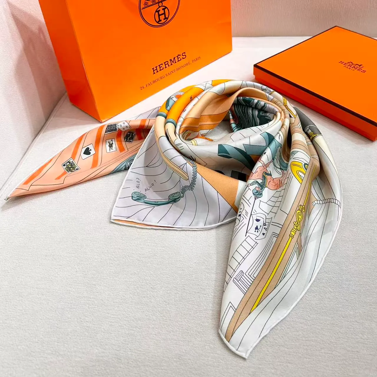 Hermès Mystère au 24 multicolore lenço de seda ilustrado narrativo 5