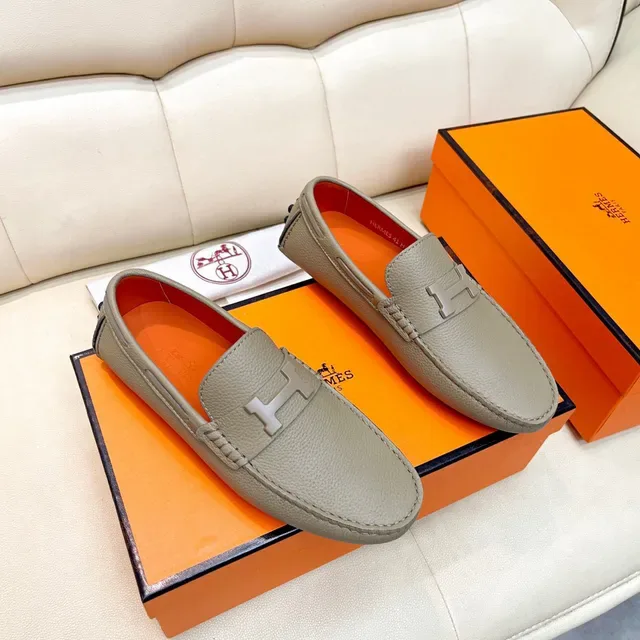Hermès Oran Beige Orange Cuir Pebbled H-Buckle Loafer 6