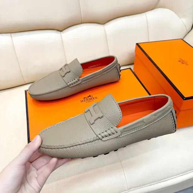 Hermès Oran Beige Orange Cuir Pebbled H-Buckle Loafer 7