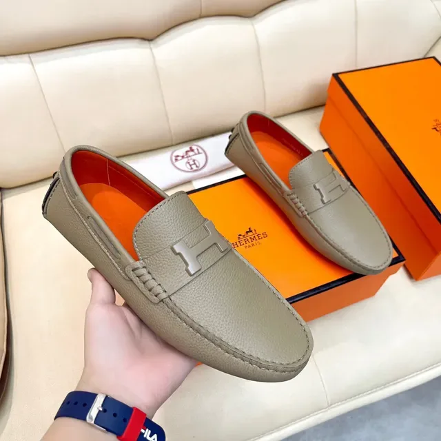 Hermès Oran Beige Orange Cuir Pebbled H-Buckle Loafer 8