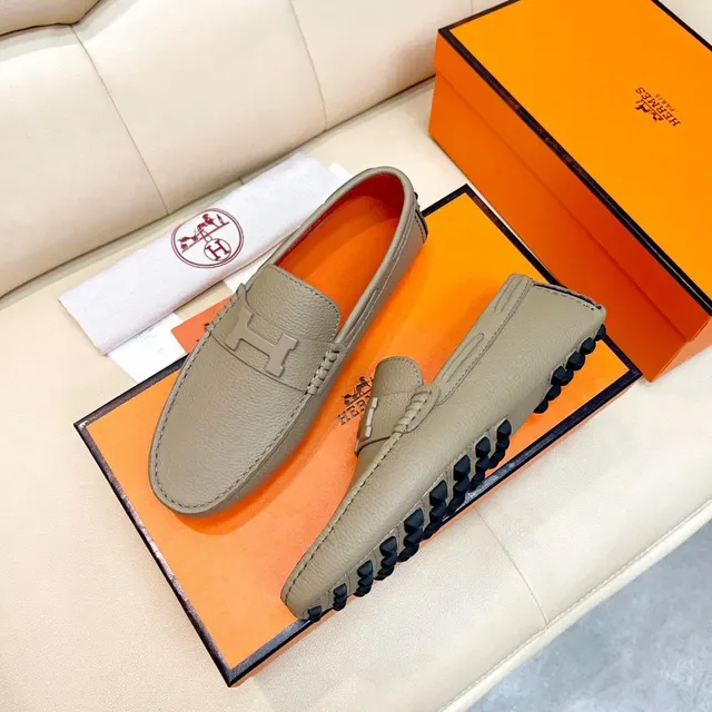 Hermès Oran Beige Orange Cuir Pebbled H-Buckle Loafer 9