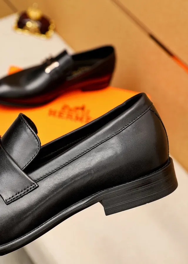 Hermès Oran Black Leather H-Buckle Loafers 7