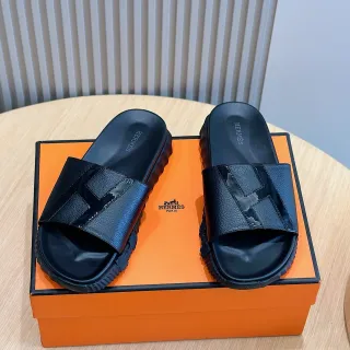 Hermès Oran جلد أسود H-Strap نعال
