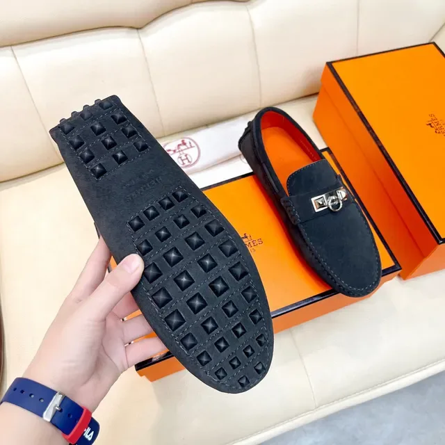 Hermès Oran Black Orange Suede Upper Metal H Stirrup Hardware Loafer 2