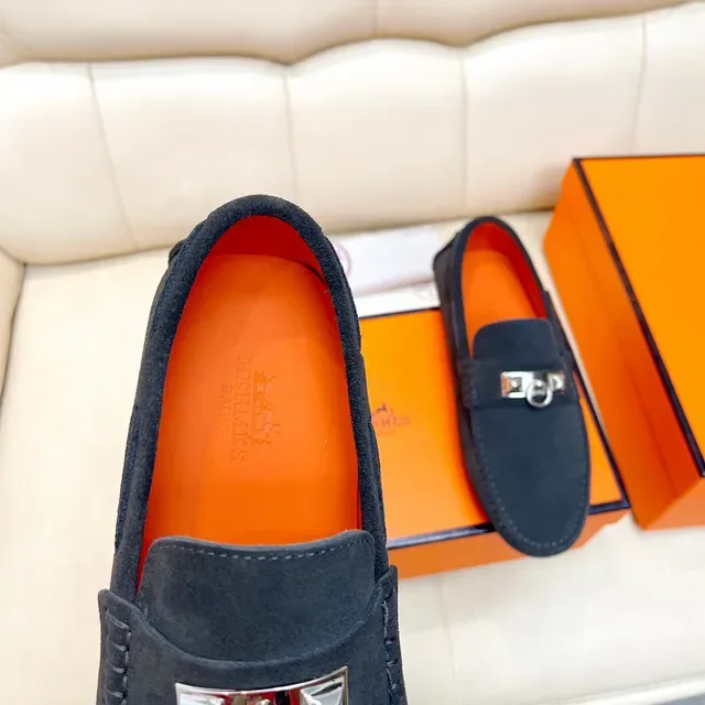Hermès Oran Black Orange Suede Upper Metal H Stirrup Hardware Loafer 4
