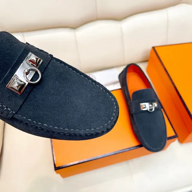 Hermès Oran Black Orange Suede Upper Metal H Stirrup Hardware Loafer 6