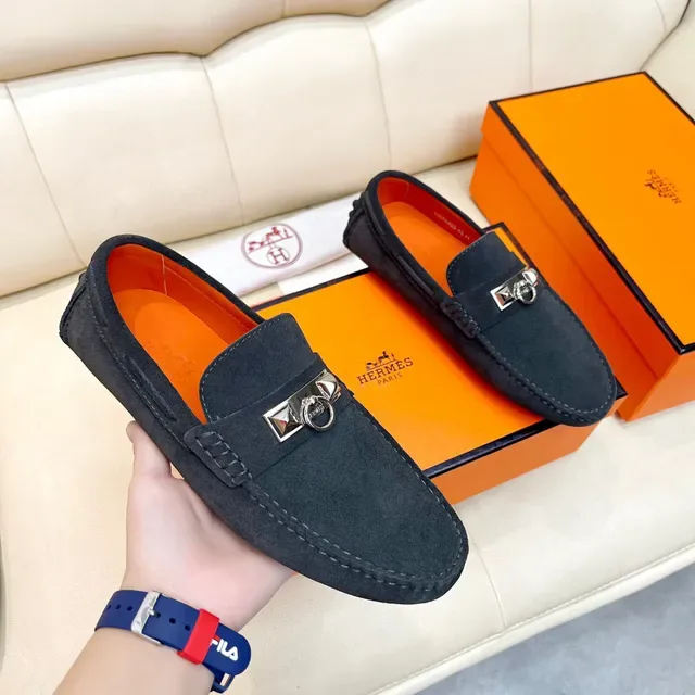 Hermès Oran Black Orange Suede Upper Metal H Stirrup Hardware Loafer 7