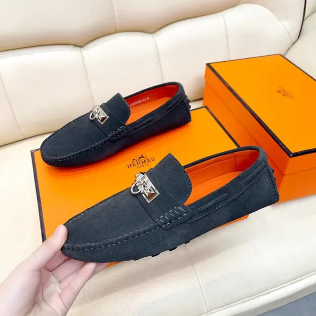 Hermès Oran Black Orange Suede Upper Metal H Stirrup Hardware Loafer 8