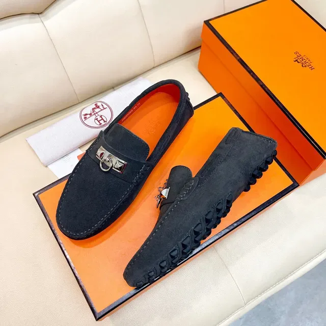 Hermès Oran Black Orange Suede Upper Metal H Stirrup Hardware Loafer 9