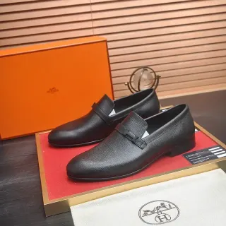 Hermès Oran Black Textured Leather H-Buckle Loafers