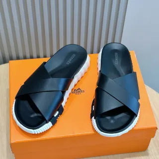 Hermès Oran काला सफेद क्रॉस स्ट्रैप प्लेटफॉर्म सोल स्लिपर्स