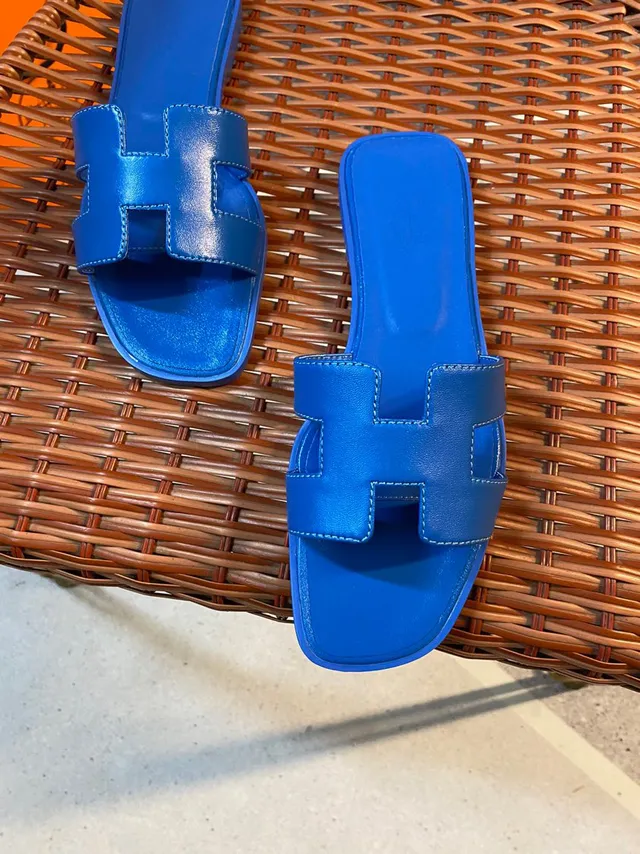Hermès Oran Blue H-Strap Slippers 6