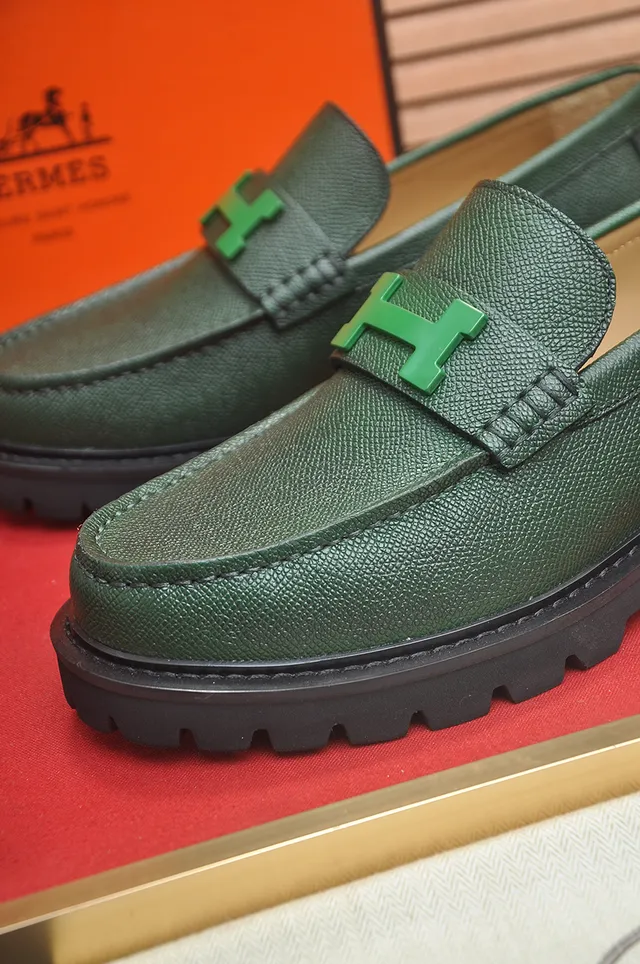 Hermès Oran Vert Noir Cuir Grainé H-Buckle Hardware Mocassin 2