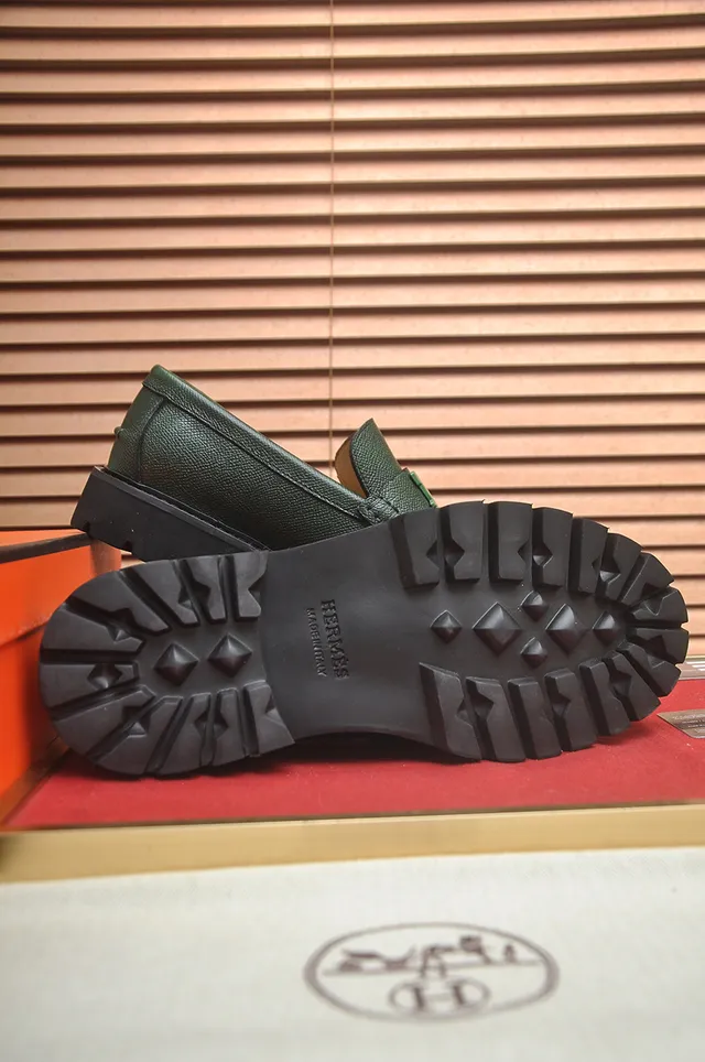 Hermès Oran Vert Noir Cuir Grainé H-Buckle Hardware Mocassin 3