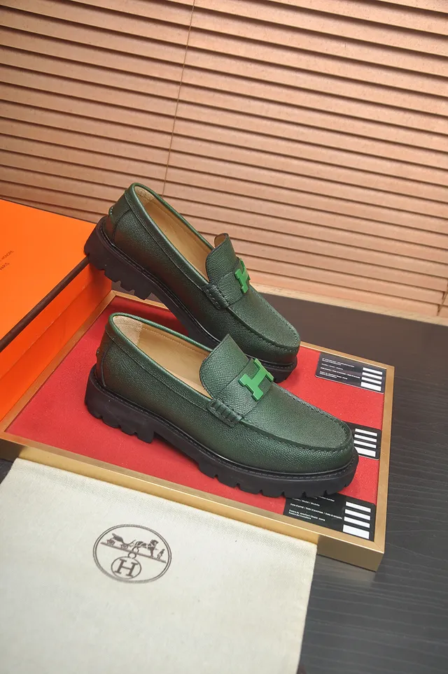 Hermès Oran Vert Noir Cuir Grainé H-Buckle Hardware Mocassin 4