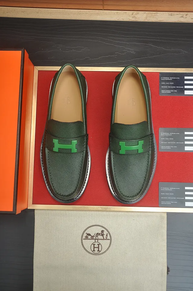 Hermès Oran Vert Noir Cuir Grainé H-Buckle Hardware Mocassin 5