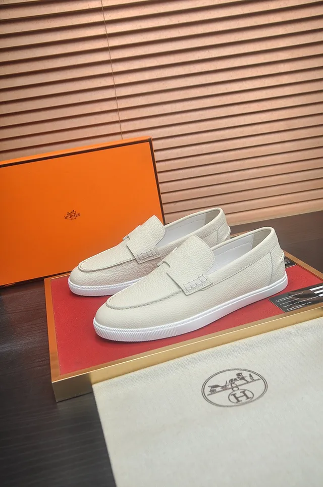 Hermès Oran Loafer Cream Pebbled Leather H-Strap Loafers 3