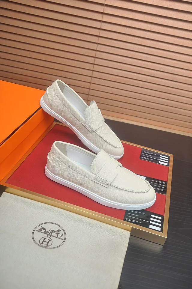 Hermès Oran Loafer Cream Pebbled Leather H-Strap Loafers 6