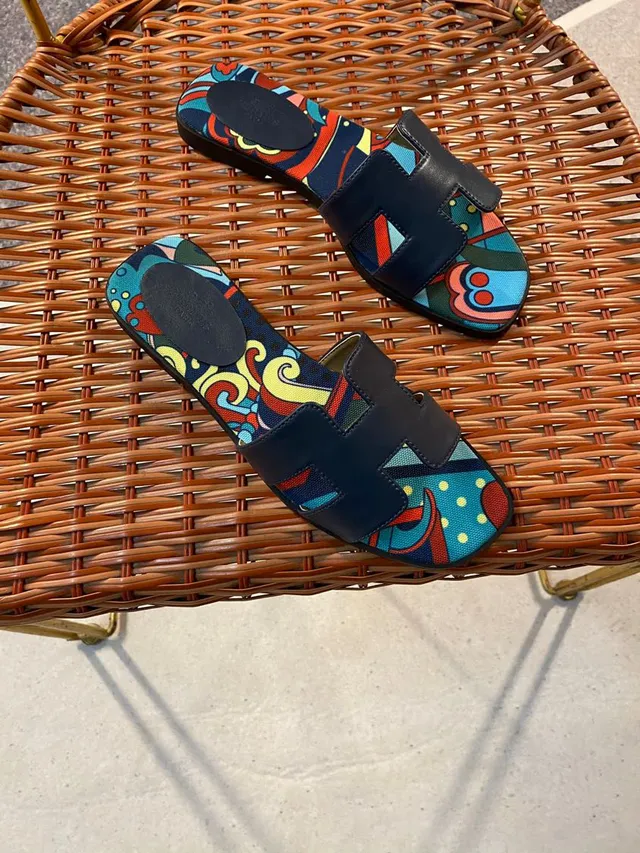 Hermès Oran Multicolor Print Navy Leather Slippers 5