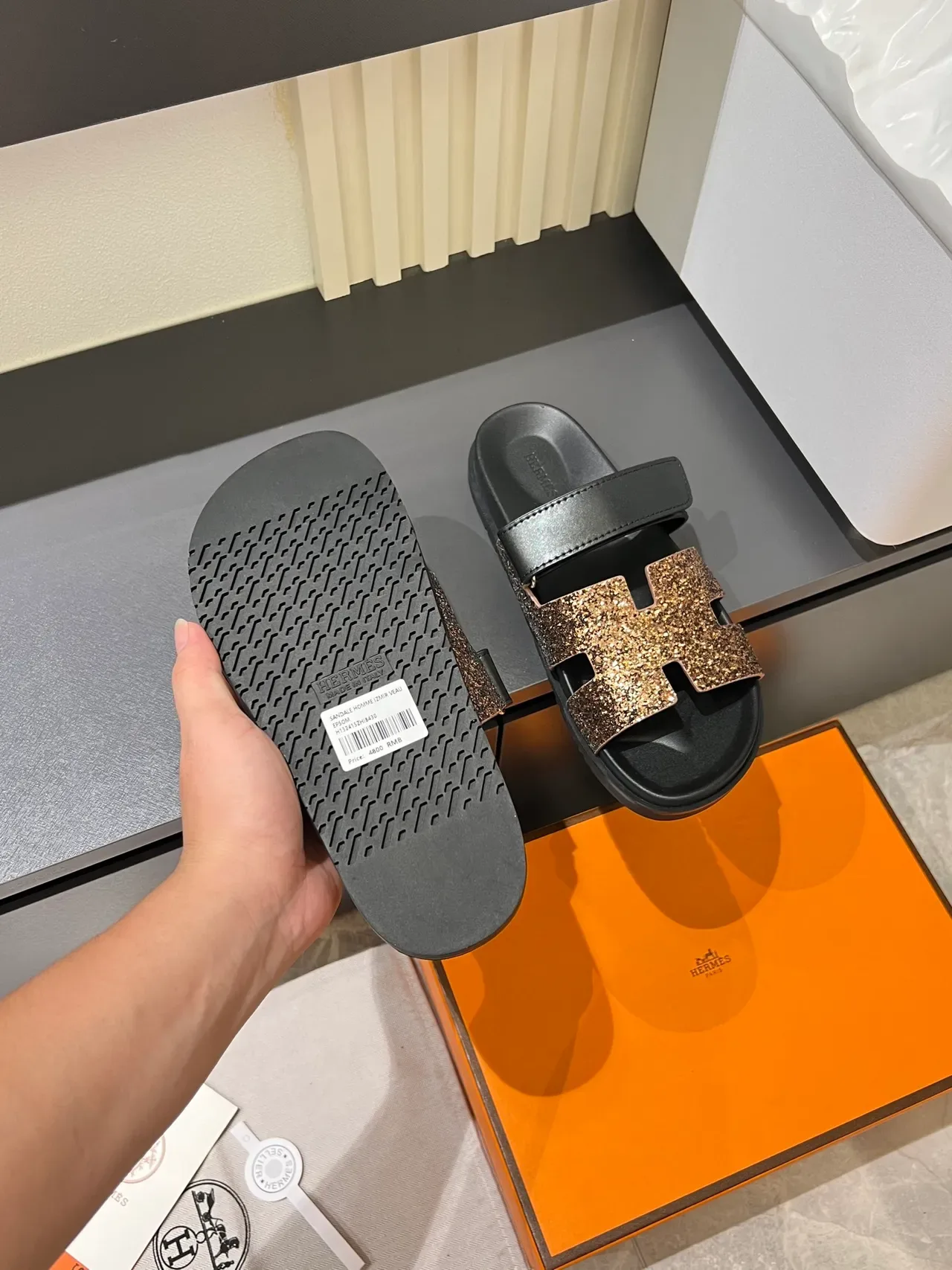 Hermès Oran Slide Crystal-Embellished H-Strap Slippers 4