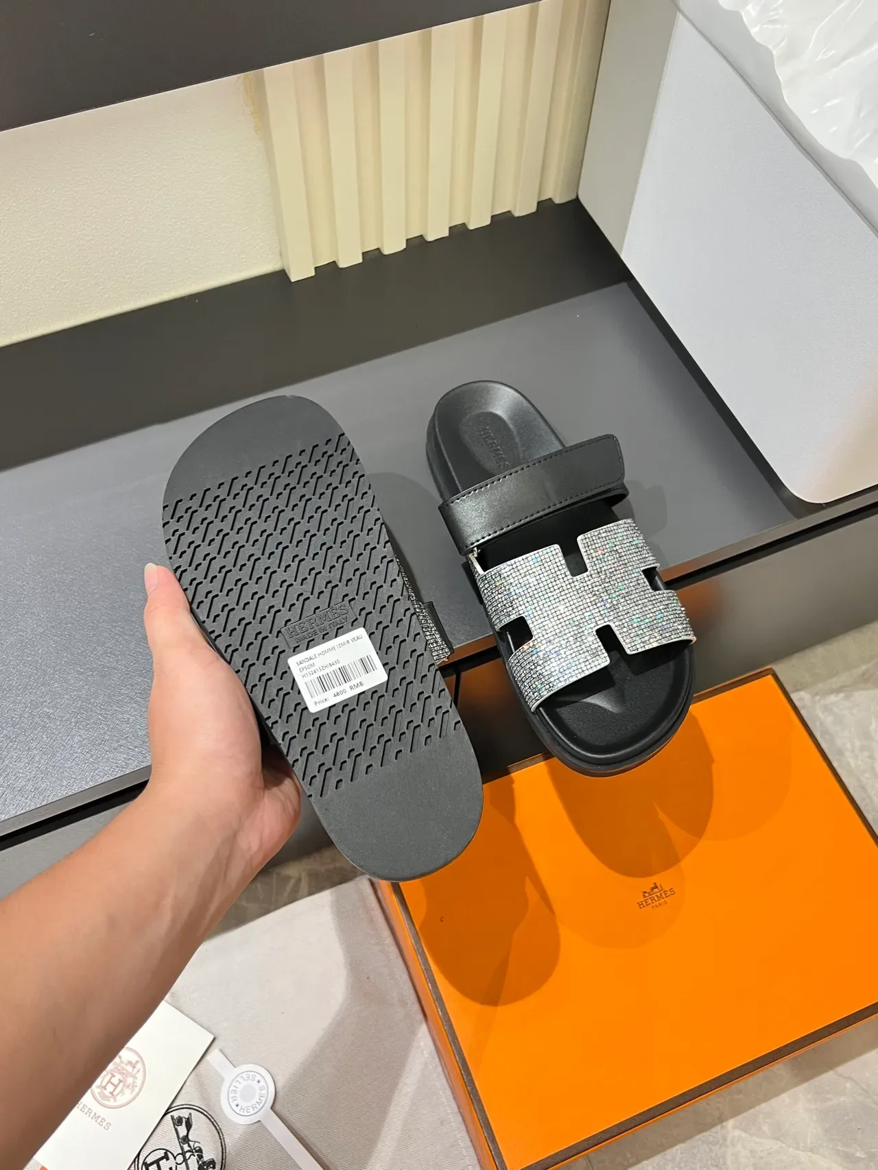 Hermès Oran Slide Crystal-Embellished H-Strap Slippers 5