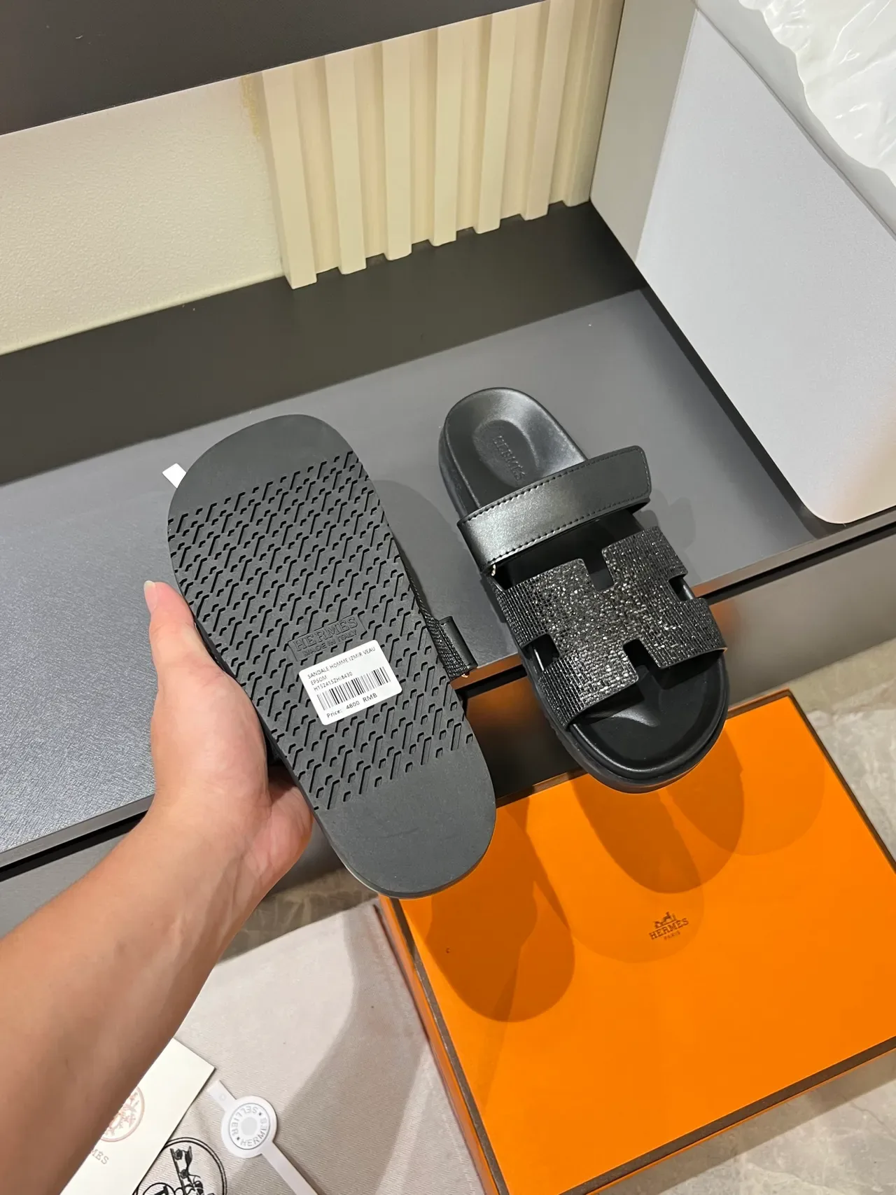 Hermès Oran Slide Crystal-Embellished H-Strap Slippers 6