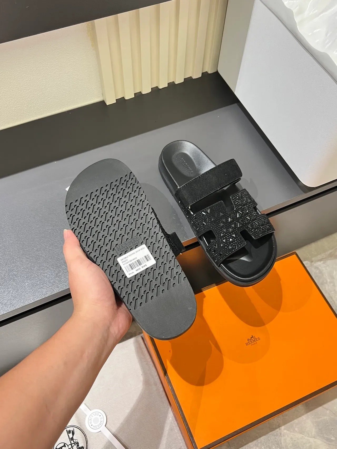 Hermès Oran Slide Crystal-Embellished H-Strap Slippers 8
