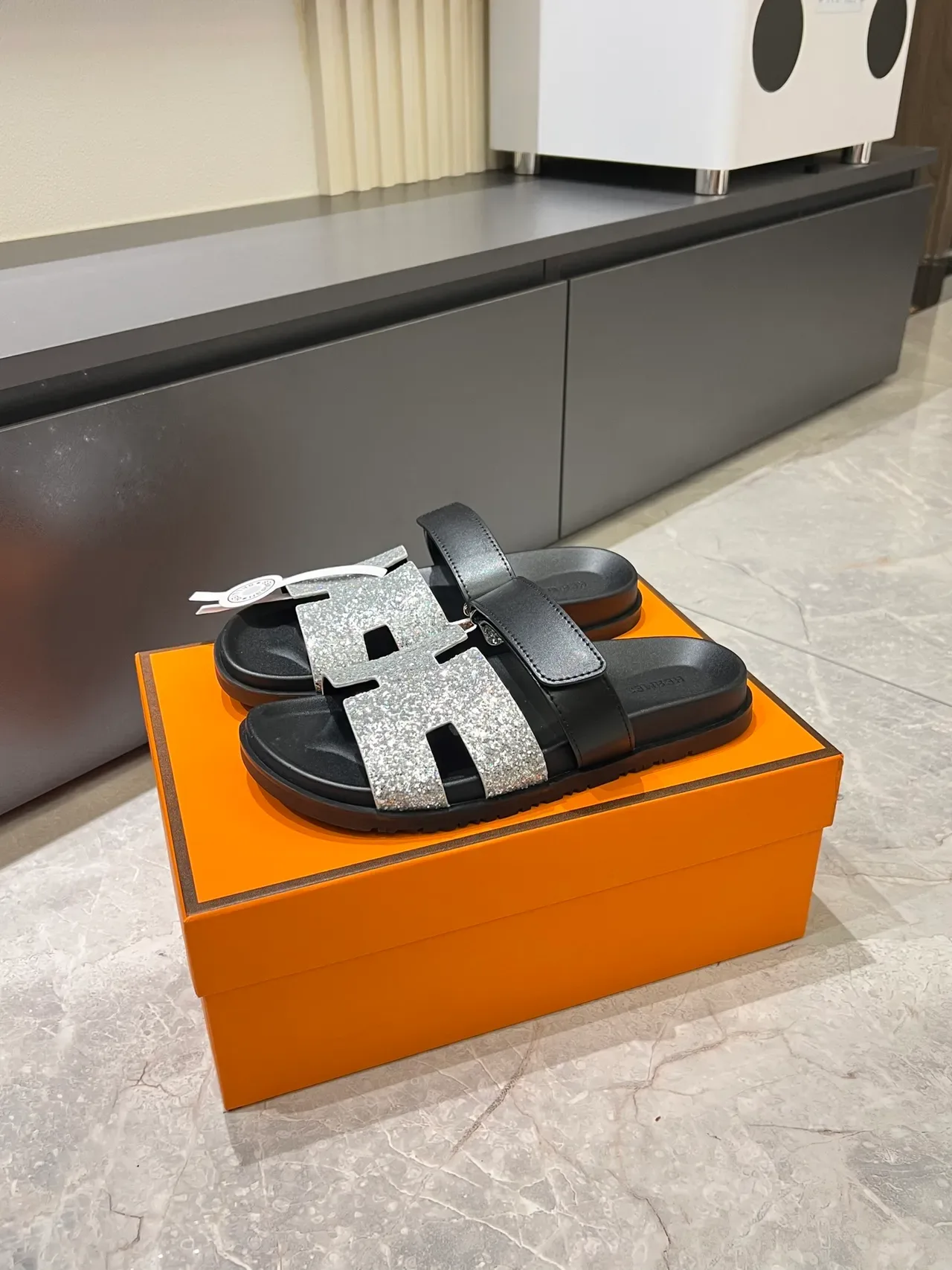 Hermès Oran Slide Crystal-Embellished H-Strap Slippers 9