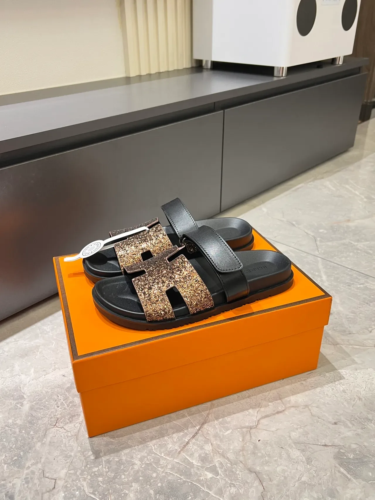 Hermès Oran Slide Crystal-Embellished H-Strap Slippers 11
