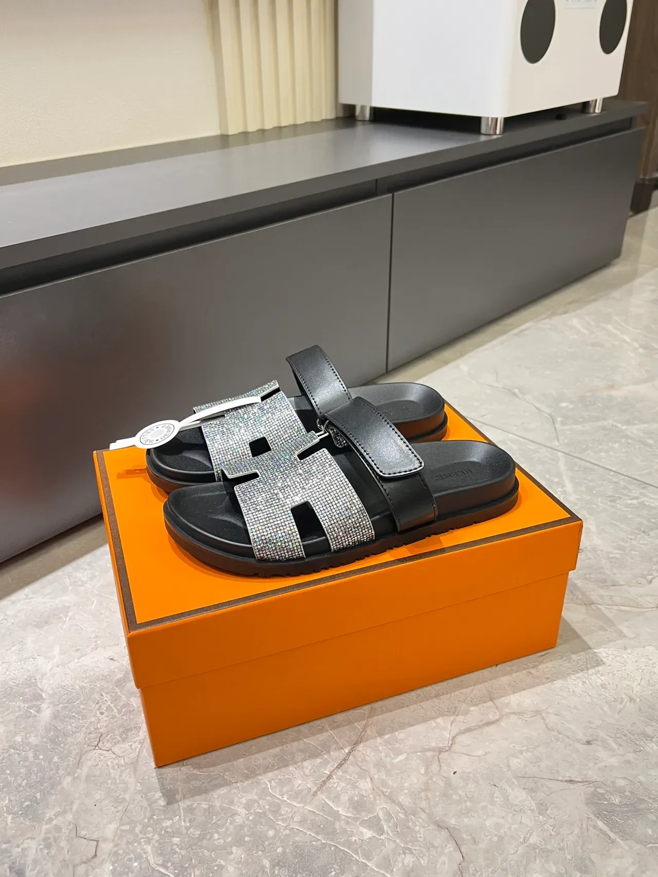Hermès Oran Slide Crystal-Embellished H-Strap Slippers 12