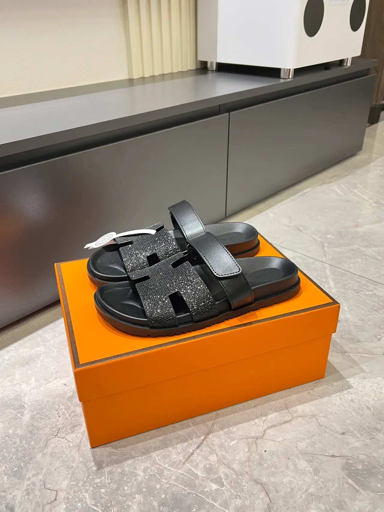 Hermès Oran Slide Crystal-Embellished H-Strap Slippers 13