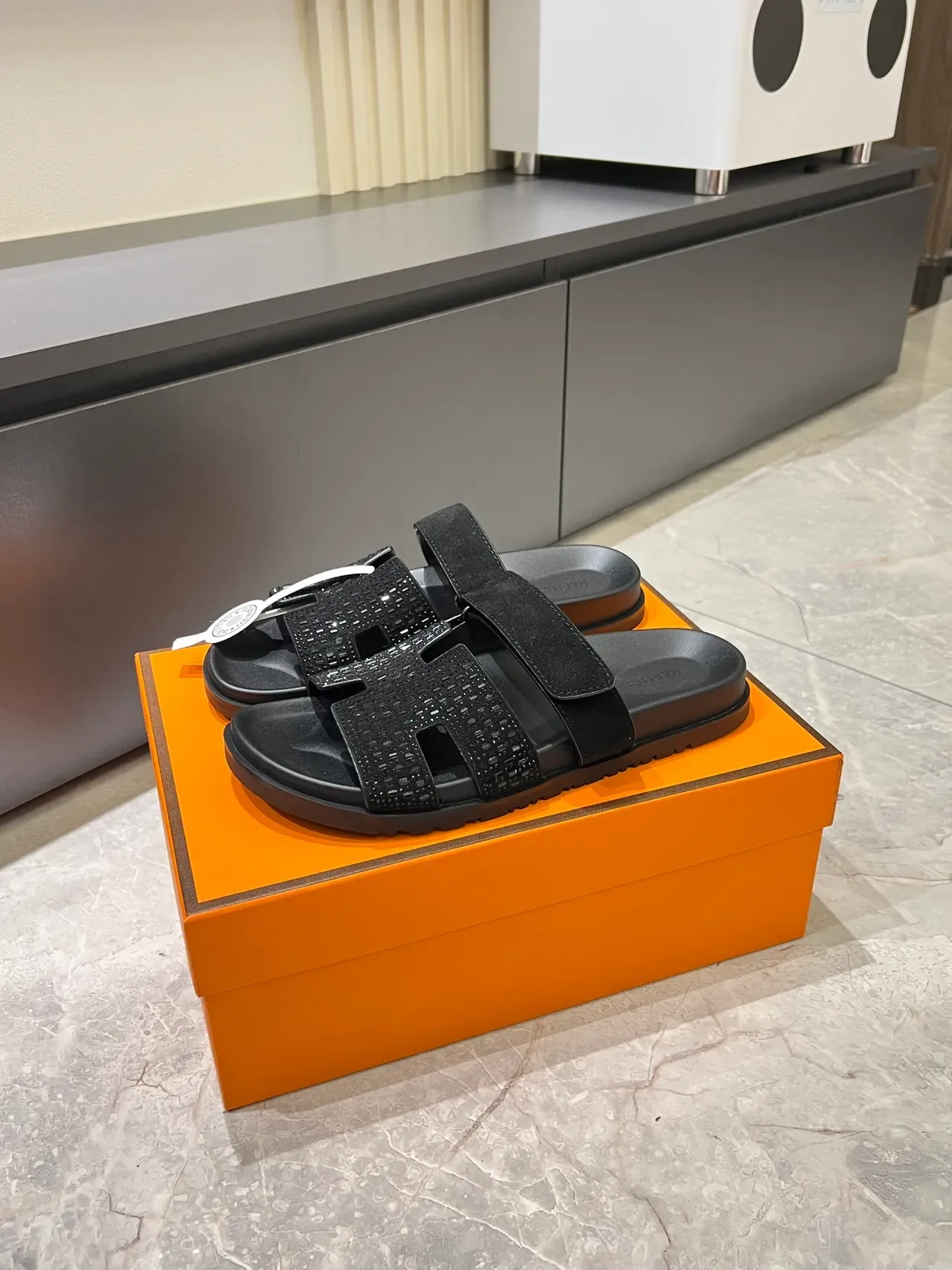 Hermès Oran Slide Crystal-Embellished H-Strap Slippers 14