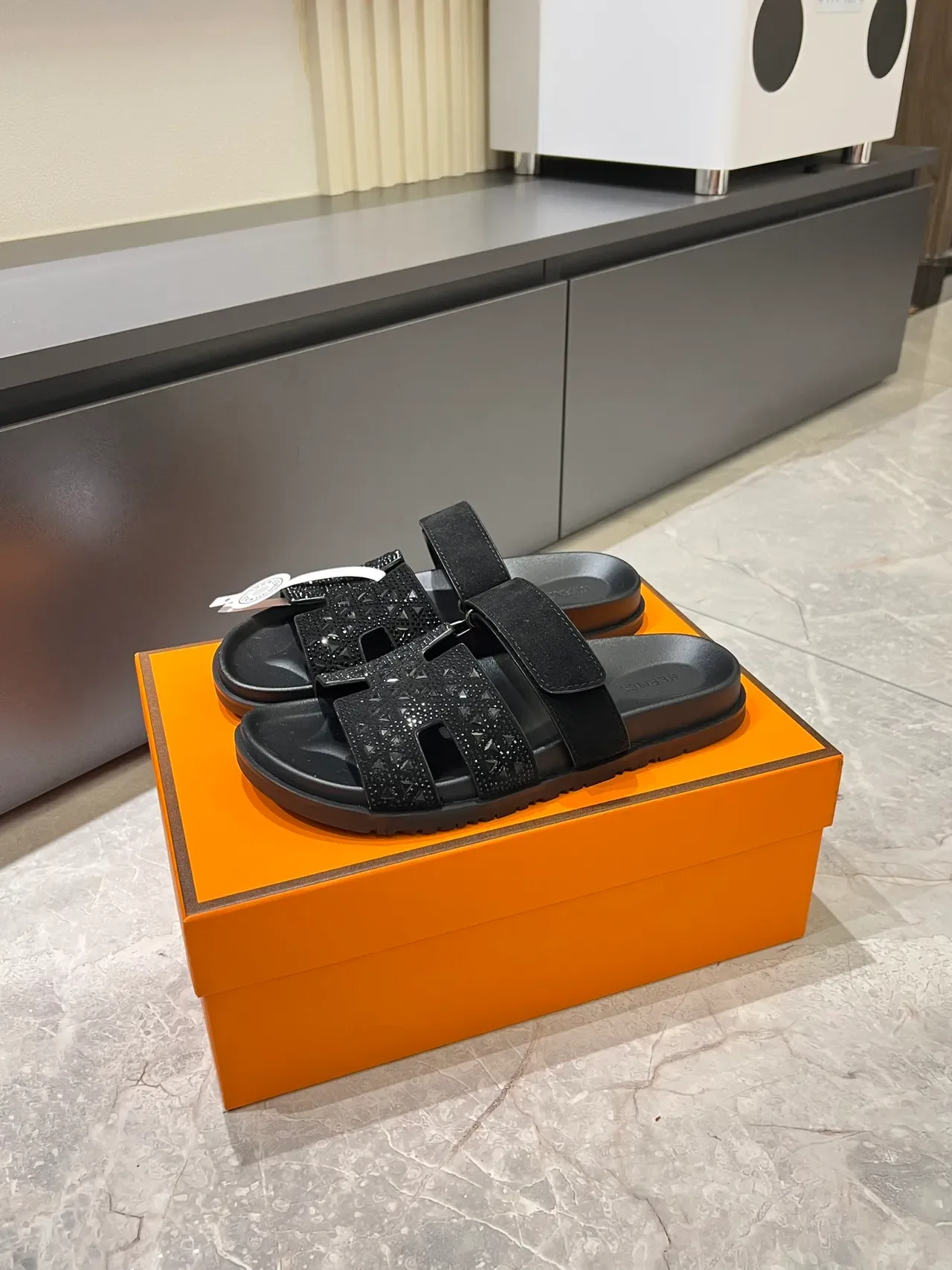 Hermès Oran Slide Crystal-Embellished H-Strap Slippers 15
