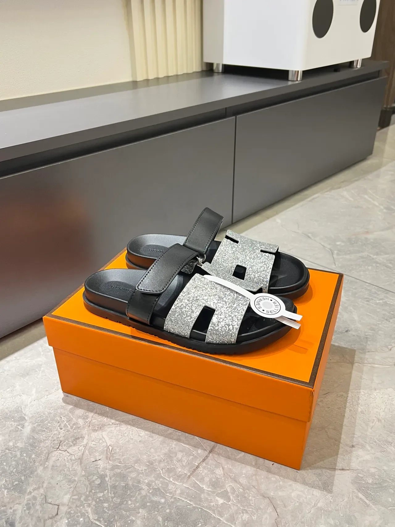 Hermès Oran Slide Crystal-Embellished H-Strap Slippers 16