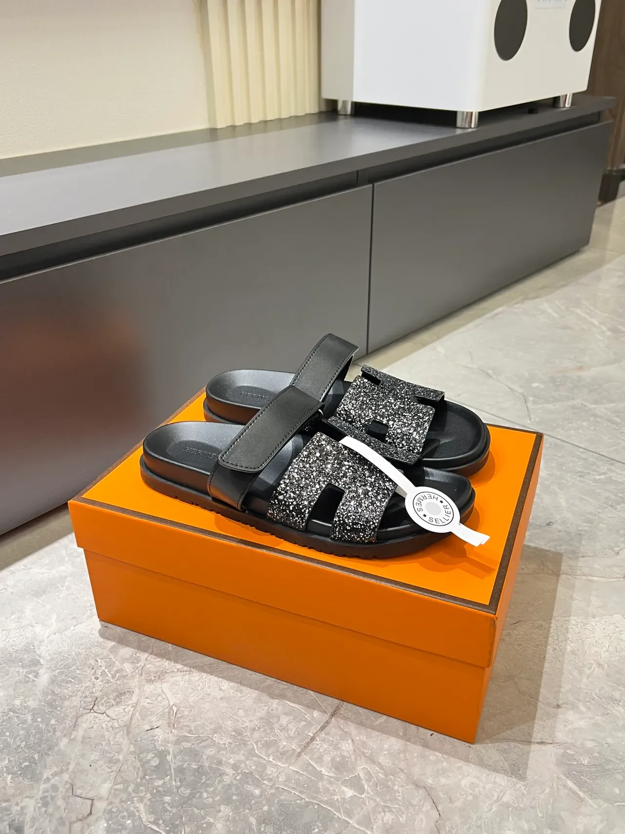 Hermès Oran Slide Crystal-Embellished H-Strap Slippers 17