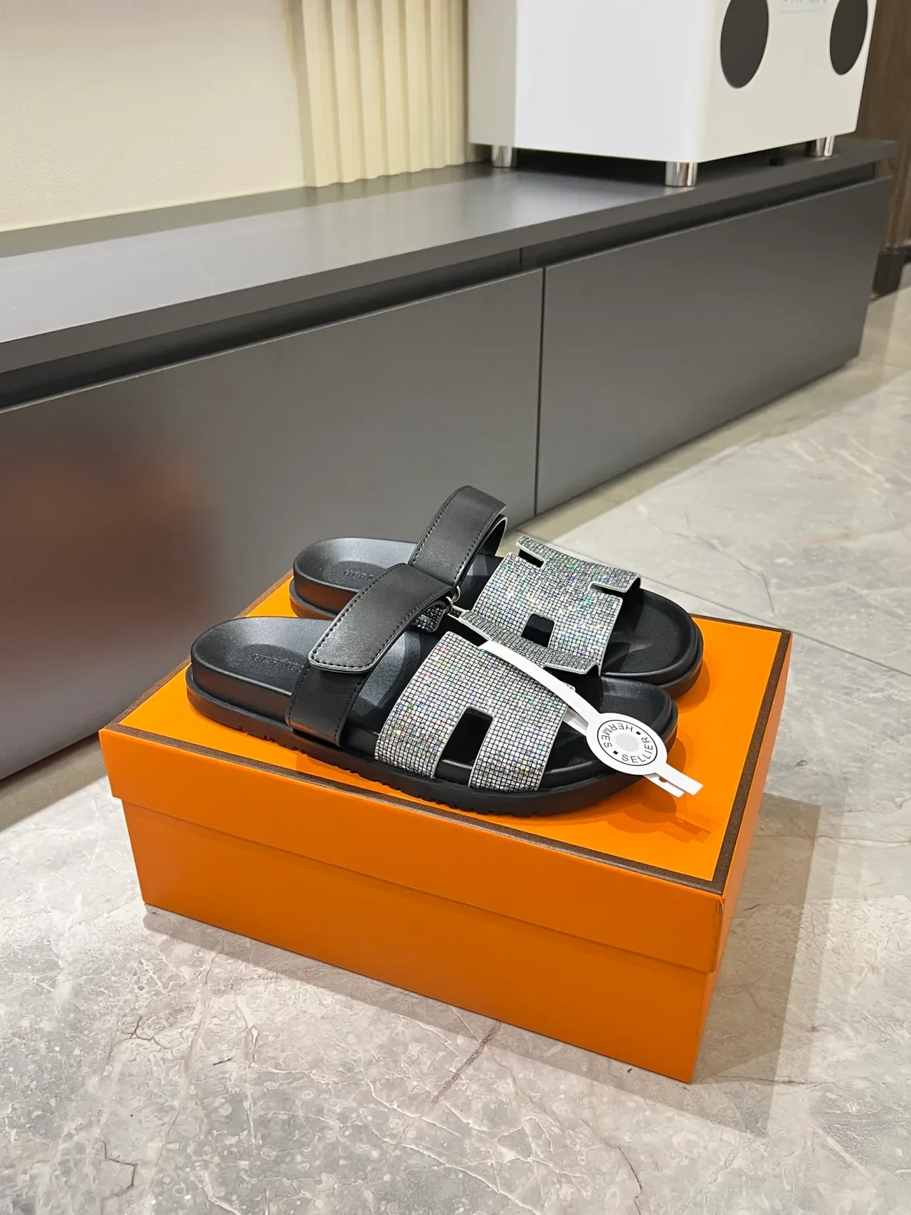 Hermès Oran Slide Crystal-Embellished H-Strap Slippers 19