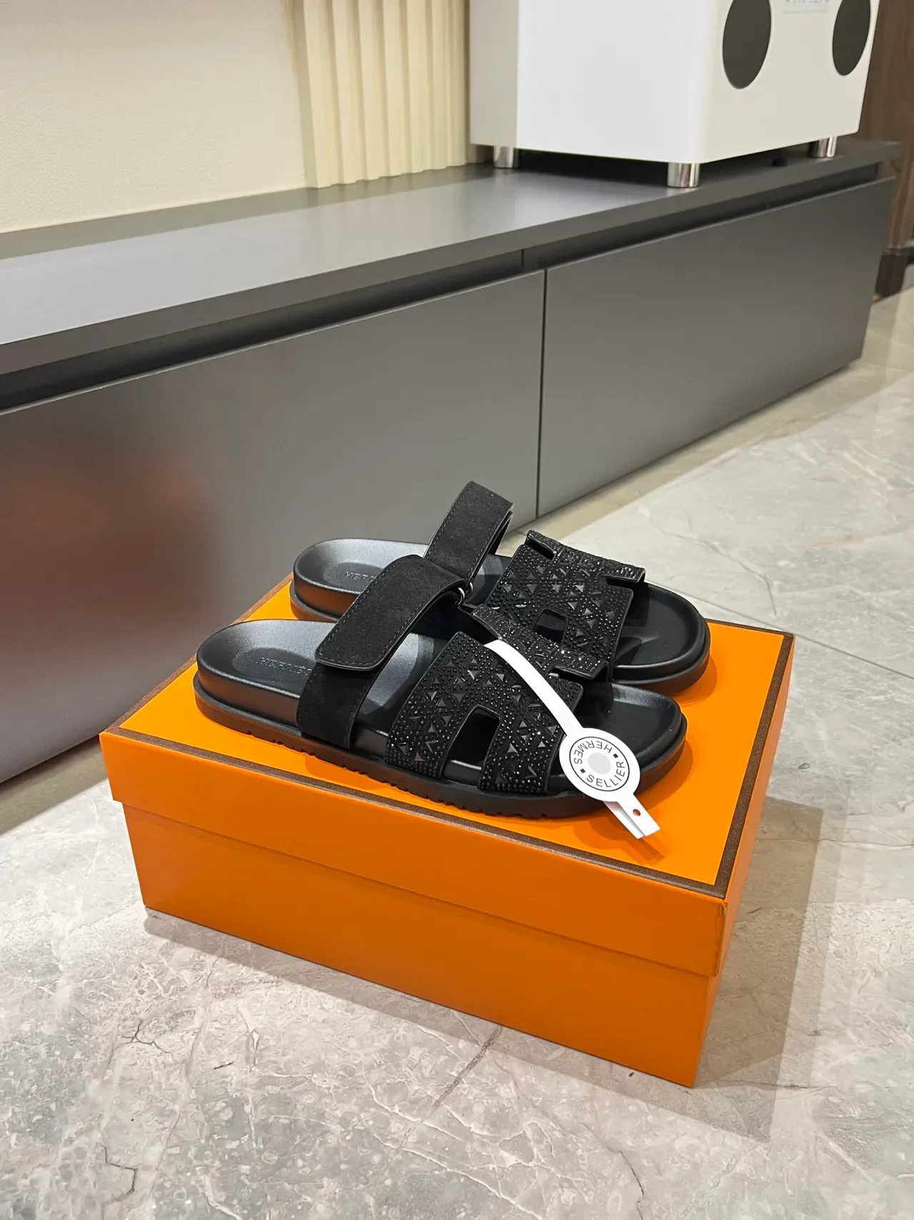 Hermès Oran Slide Crystal-Embellished H-Strap Slippers 22