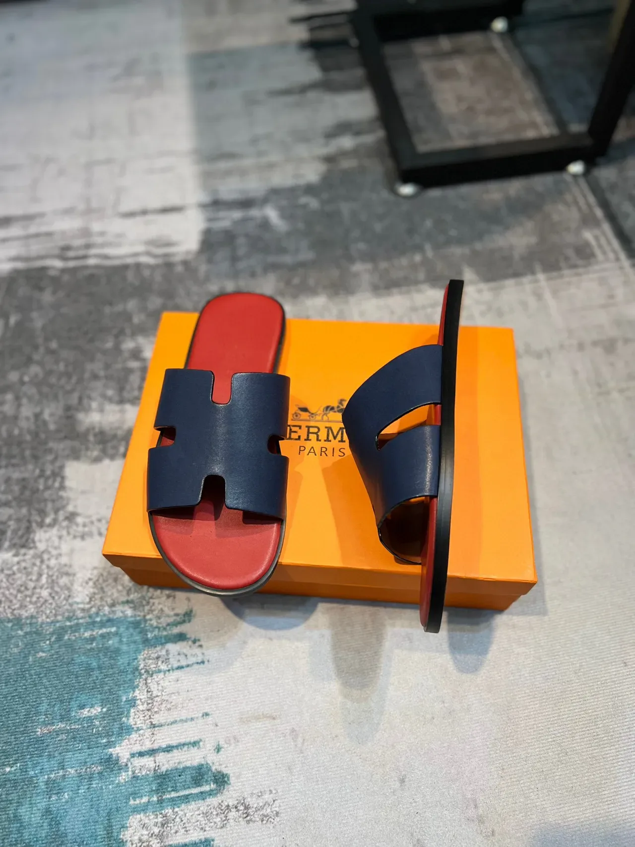 Hermès Oran Slide Navy and Red Leather Slippers 4