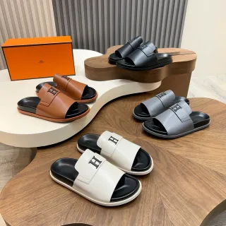 Hermès Slide 棕黑皮革鞋带 互锁 H 标志 拖鞋