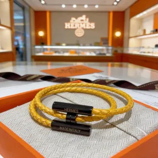 Hermès 黄黑 编织皮革 磁吸扣 手链