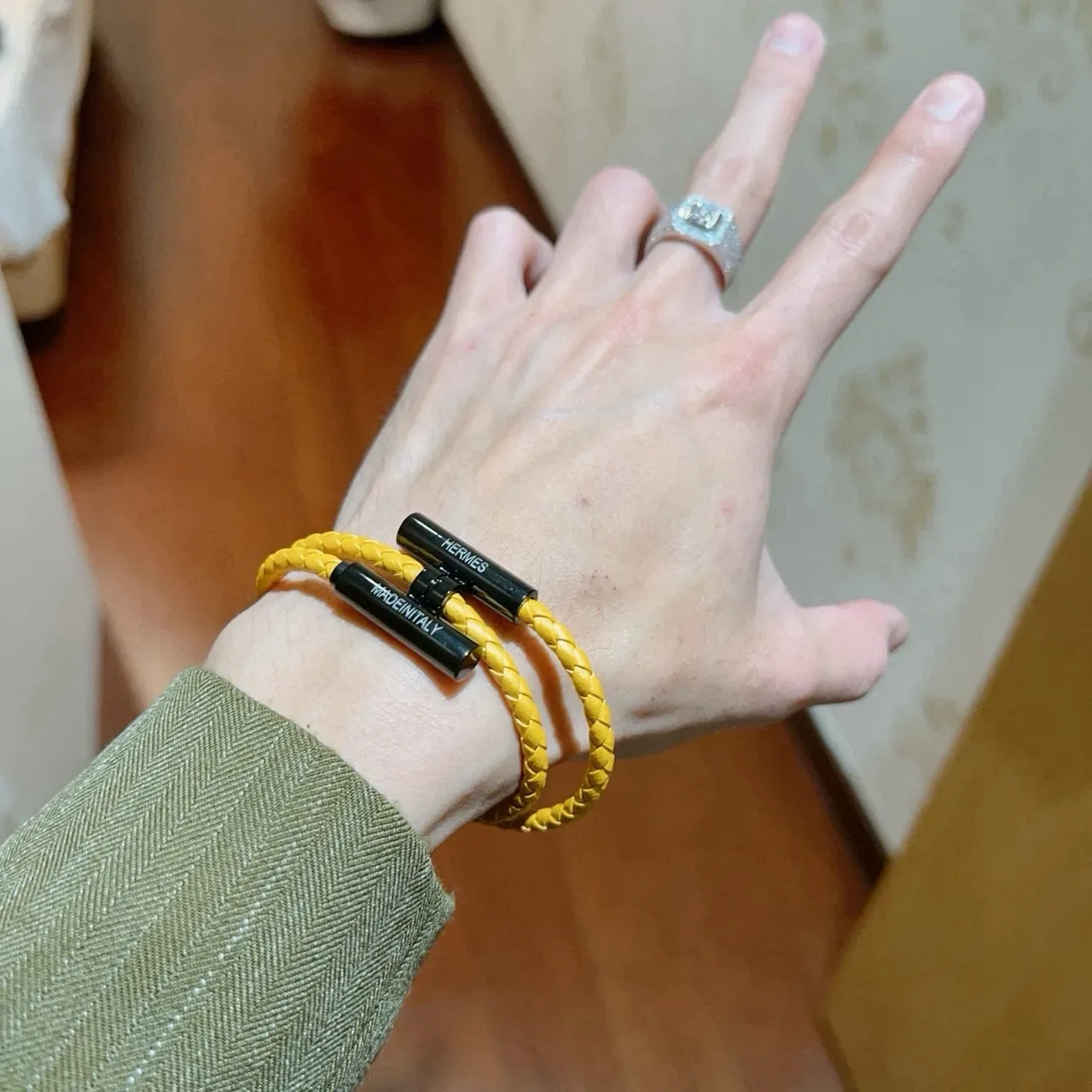 Hermès Yellow Black Braided Leather Magnetic Clasp Bracelet 3