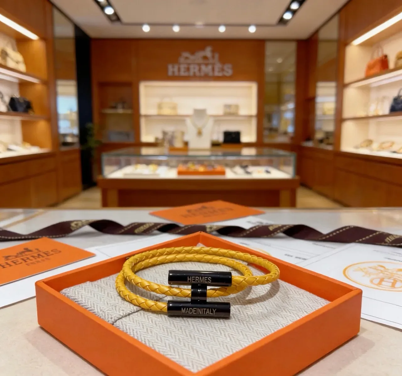 Hermès Yellow Black Braided Leather Magnetic Clasp Bracelet 4